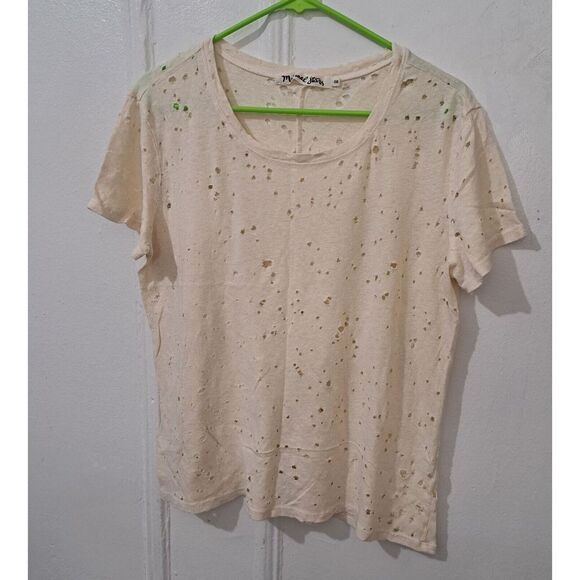 Michael Stars Womens Small Shirt Allover Ripped Distressed Beige Top Shortsleeve - Picture 1 of 10